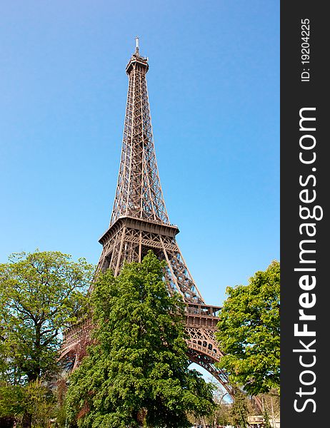 View of the Eiffel tower with trees and nice blue sky