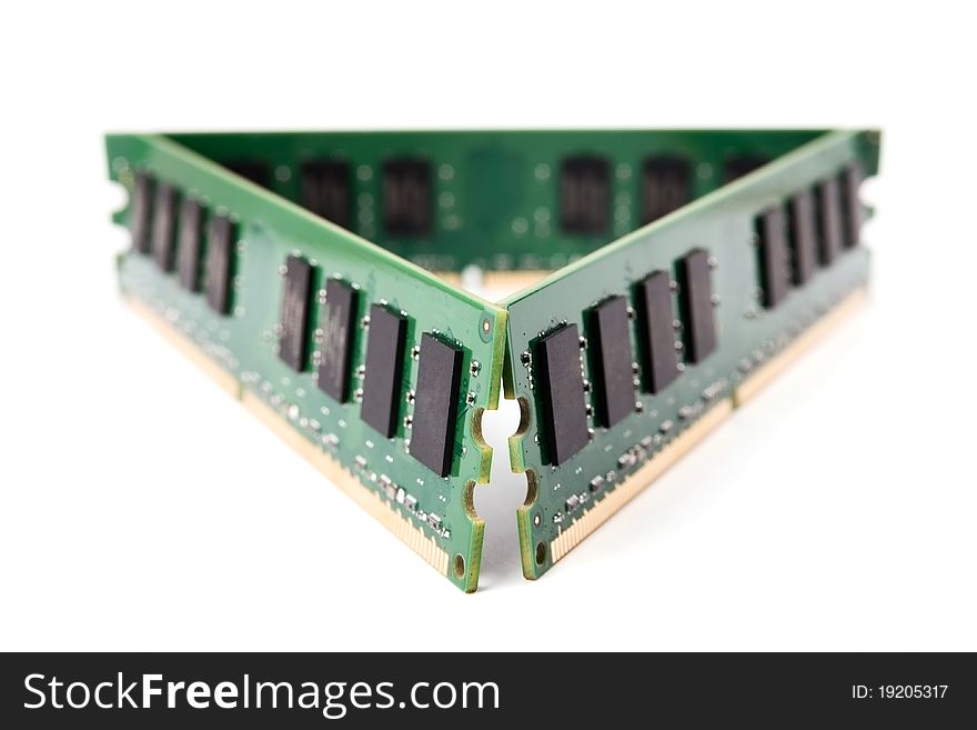 Three isolated microchips of DDR Random-Access Memory. Three isolated microchips of DDR Random-Access Memory.