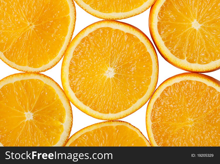 Bright background with sliced orange. Top view.