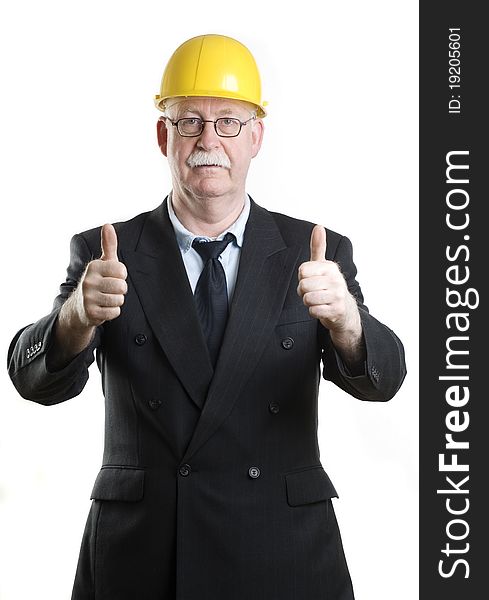 Business person with hardhat giving thumbs up