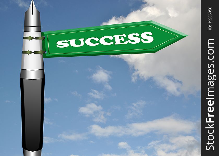 Success fountain pen road sign with cloud blue sky