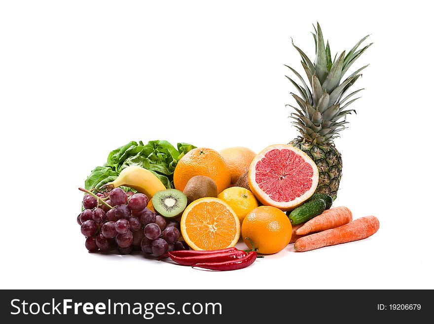 Variety of fruits and vegetables; colorful and plentiful