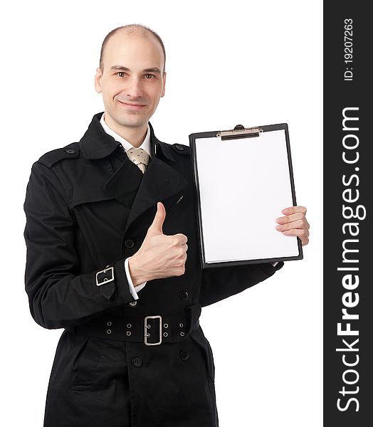 Happy smiling businessman with thumbs up gesture, isolated on white background