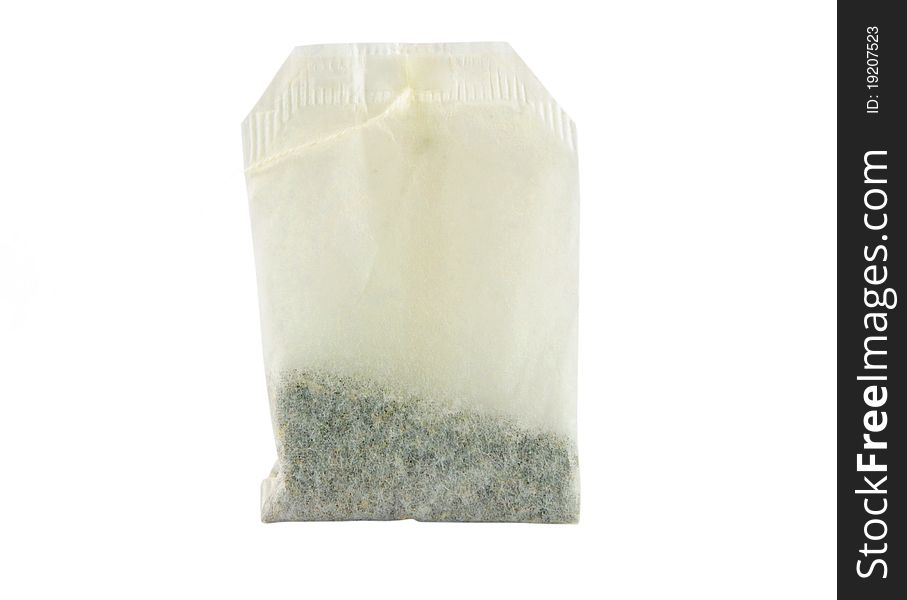 Closeup of tea bag over white background