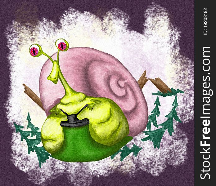 A large snail crawling through the woods. Illustration. A large snail crawling through the woods. Illustration.