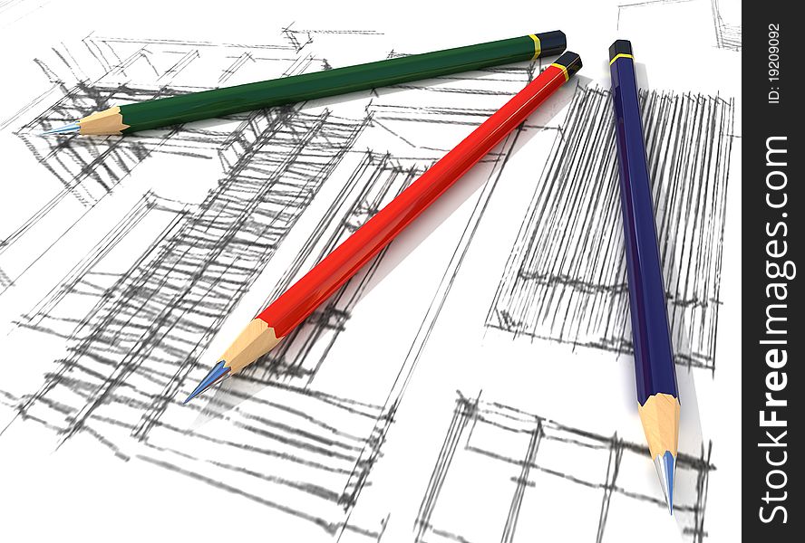 Three-dimensional model of pencils lying on sketch. Three-dimensional model of pencils lying on sketch