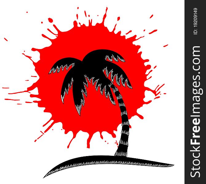 Stylized contrast illustration of coconut tree with abstract images of sun