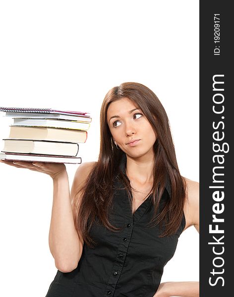 Brunette woman student hold books, textbooks, notebook, homework study assignment isolated on white background. Brunette woman student hold books, textbooks, notebook, homework study assignment isolated on white background