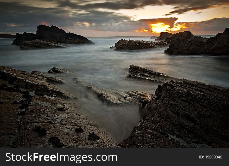 Dramatic seascape view, water and rocks at scotland coast