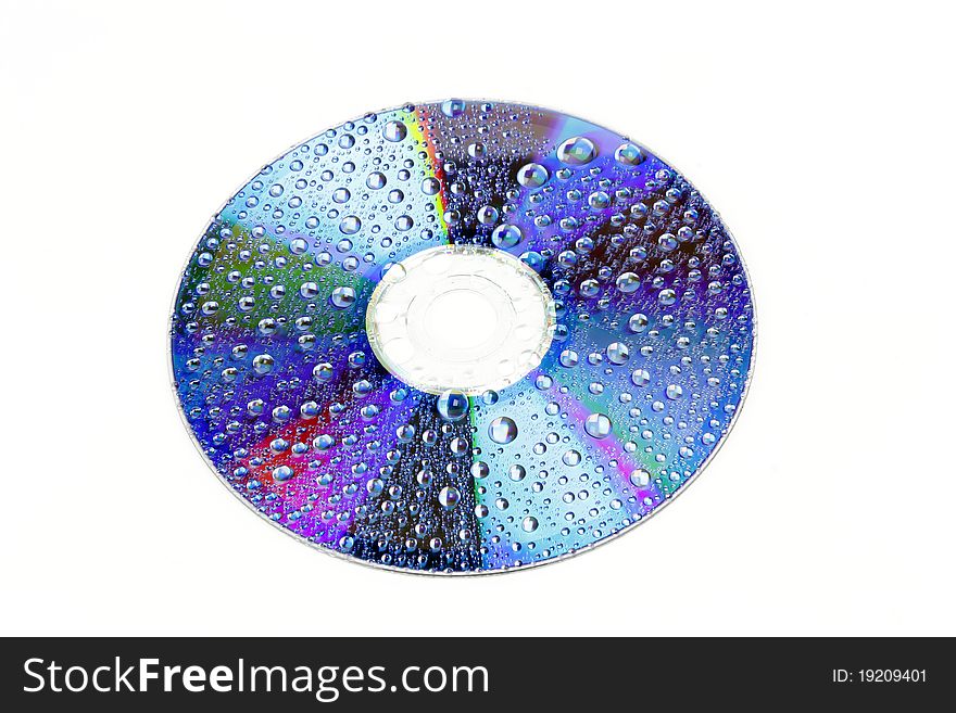 CD disc with water droplets on a white background