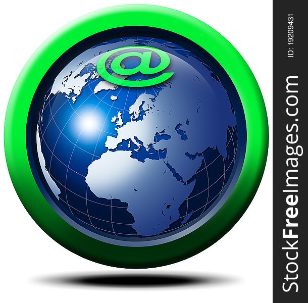 3D globe symbol and Internet @. 3D globe symbol and Internet @