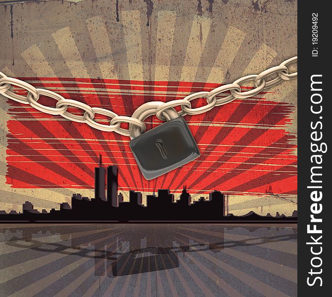 Chains and lock on cityscape background. Chains and lock on cityscape background