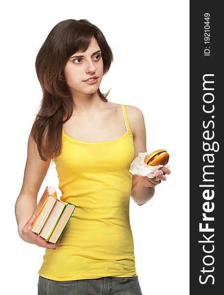 Young Girl With Books And Hamburger