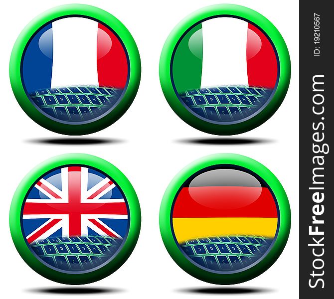 4 European flags inserted into an icon with the computer keyboard, Italy, France, England and Germany