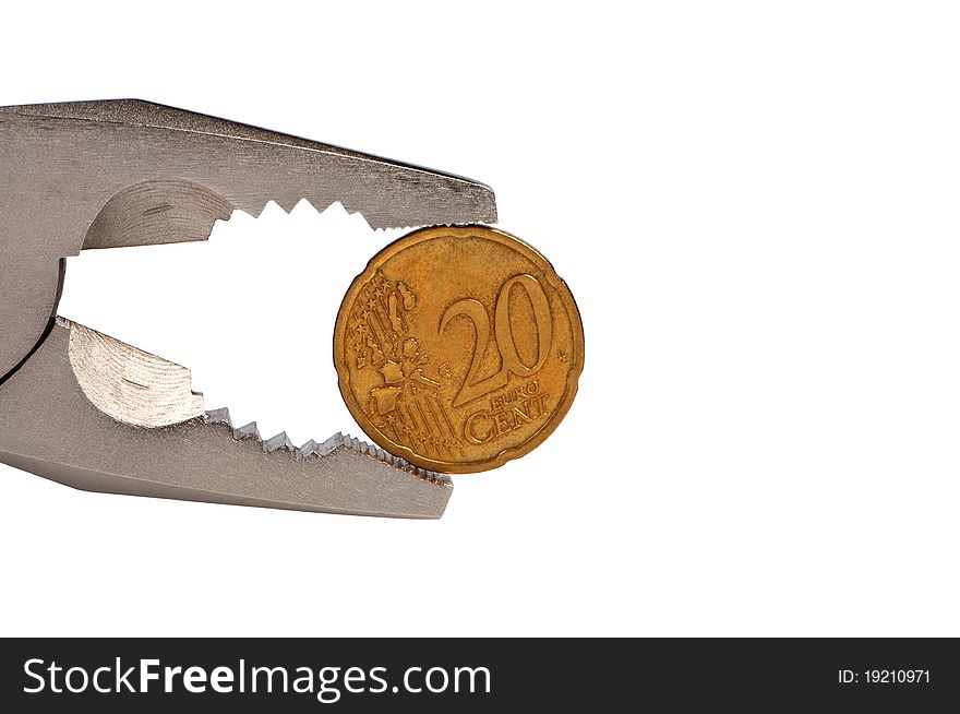 Flat-nose pliers and coin isolated on white background. Flat-nose pliers and coin isolated on white background.