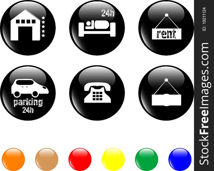 Set of hotel and motel objects icons on black buttons