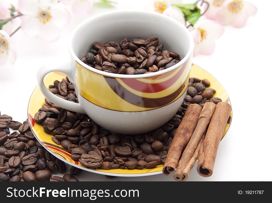 Coffee beans with cinnamon pole