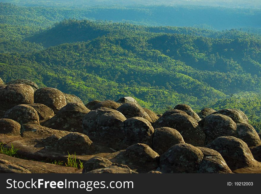 Rugged cliff for exploration on green forest. Rugged cliff for exploration on green forest