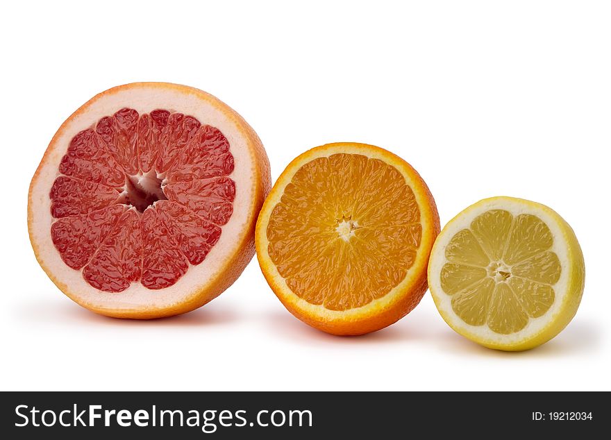 Grapefruit, orange and lemon, isolated on white background