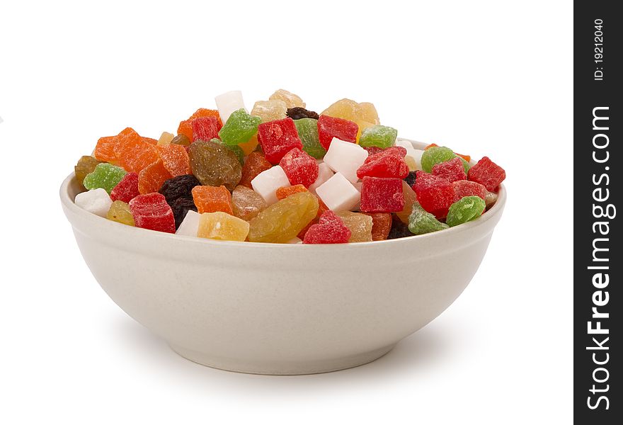 Multi-coloured candied fruits isolated on a white background