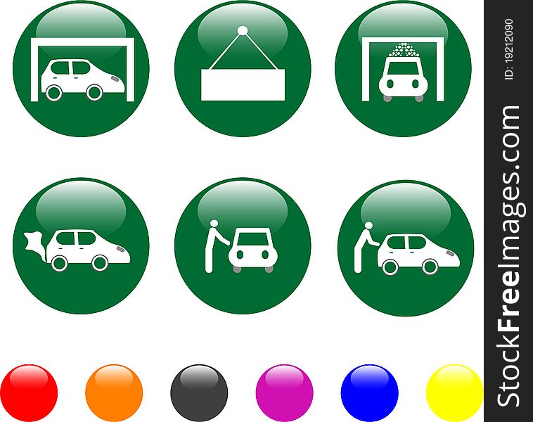 Set of car service green icon shiny button