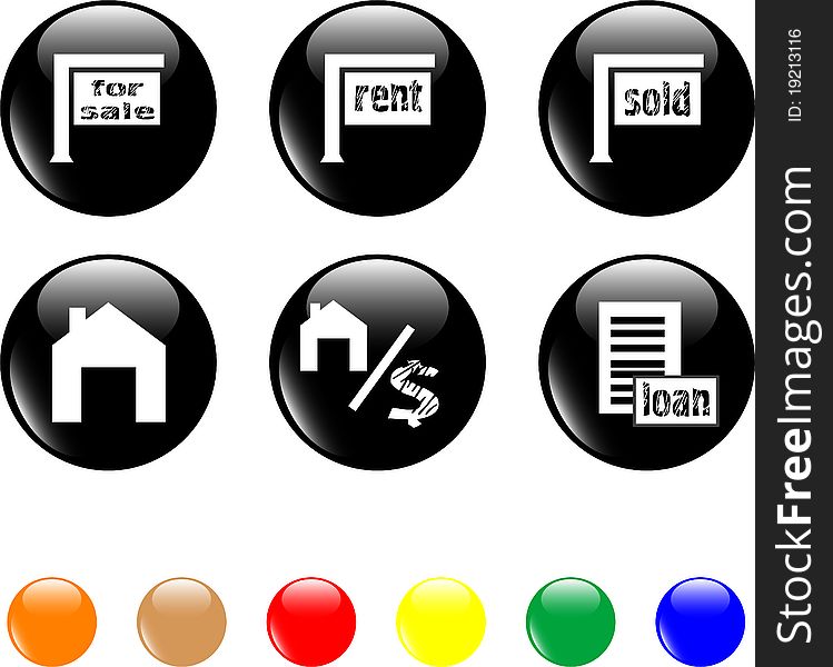 Set of home objects icons on black glass buttons. Set of home objects icons on black glass buttons