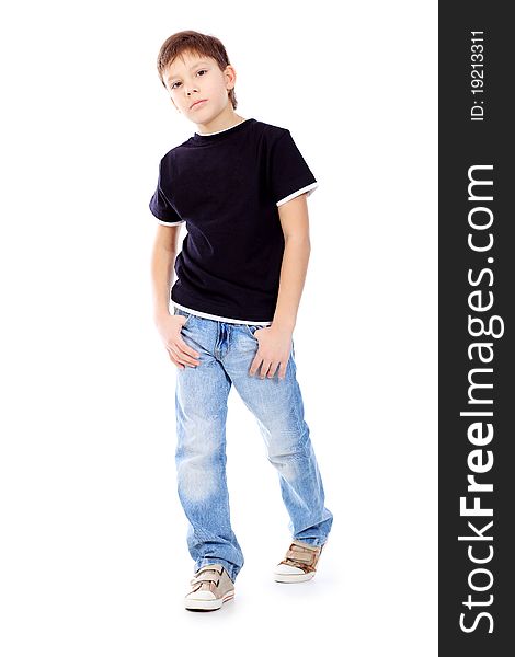 Portrait of a cute 9 year boy. Isolated over white background.