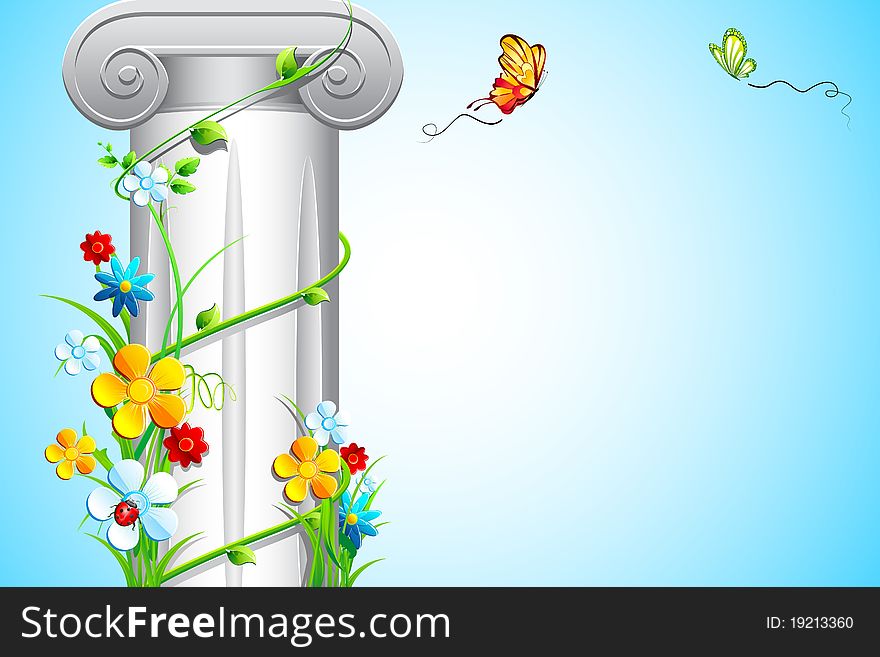 Illustration of floral creeper rising around pillar with flying butterflies. Illustration of floral creeper rising around pillar with flying butterflies
