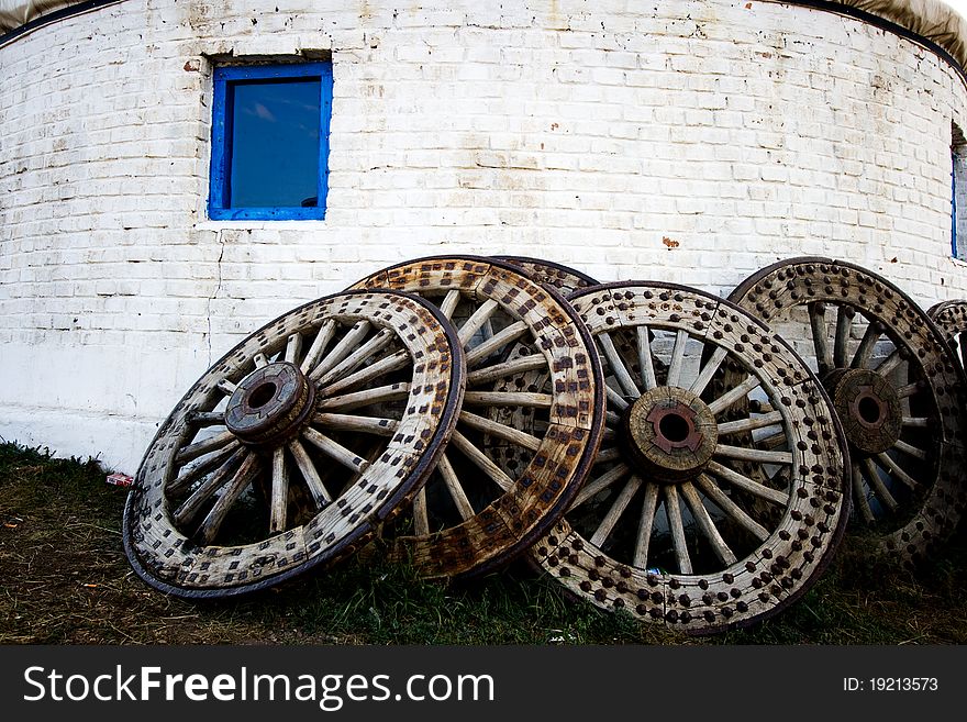 Wooden wheels outside the yurt in Inner Mongolia.