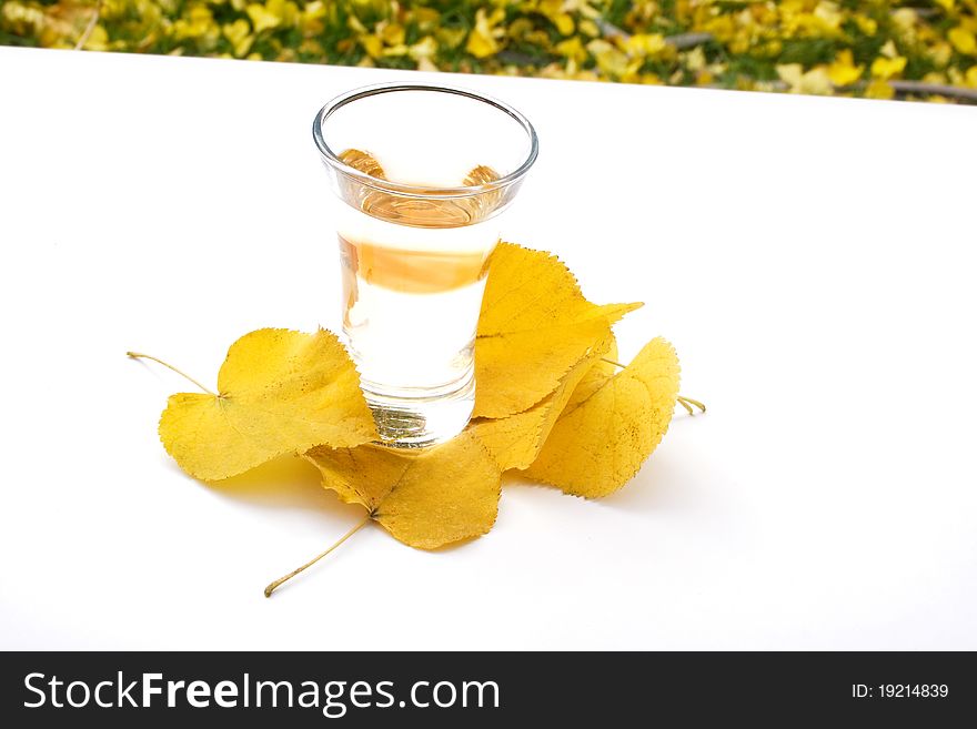 Alcohol cocktail on the background of yellow leaves