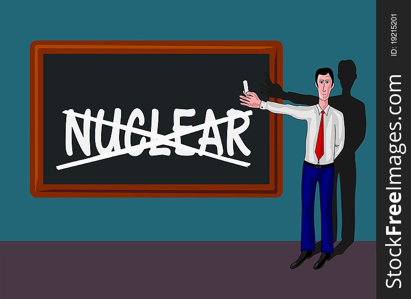 Man in a classroom with blackboard and no-nuclear concept. Man in a classroom with blackboard and no-nuclear concept