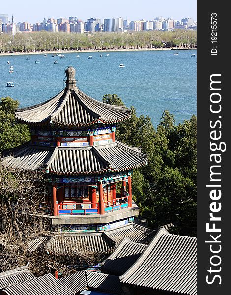 Pavilion in Summer Palace, with cityscape, beijing , China. Pavilion in Summer Palace, with cityscape, beijing , China.