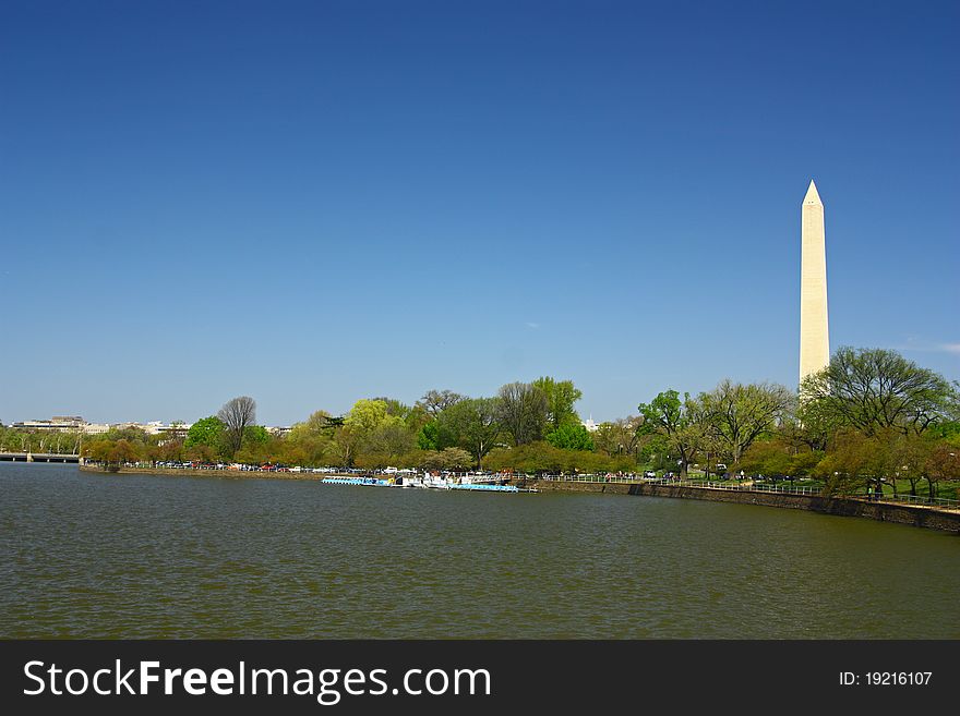 A view across a pond with the Washington Monument in the background. Washington, DC