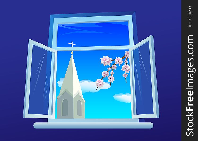 Window  with a view on church and  a blossom branch. Window  with a view on church and  a blossom branch