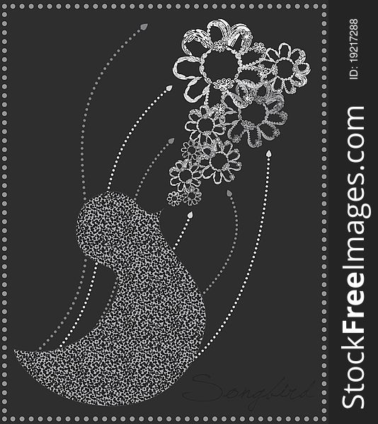 An abstract illustration of a songbird in grey tones.