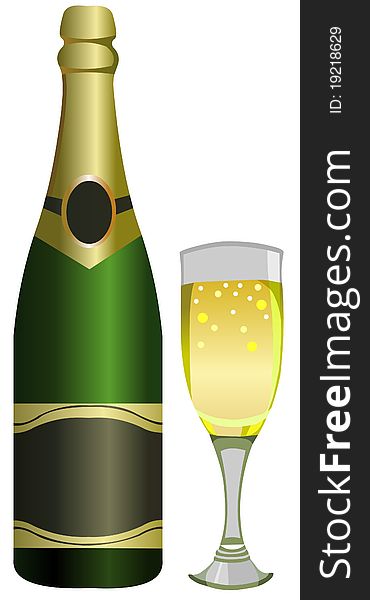 Illustration of the bottle of champagne and full glass.