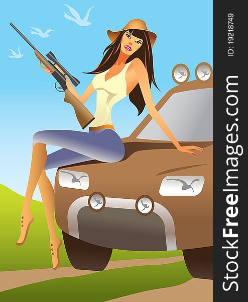 Huntress sitting on an offroad car -  illustration