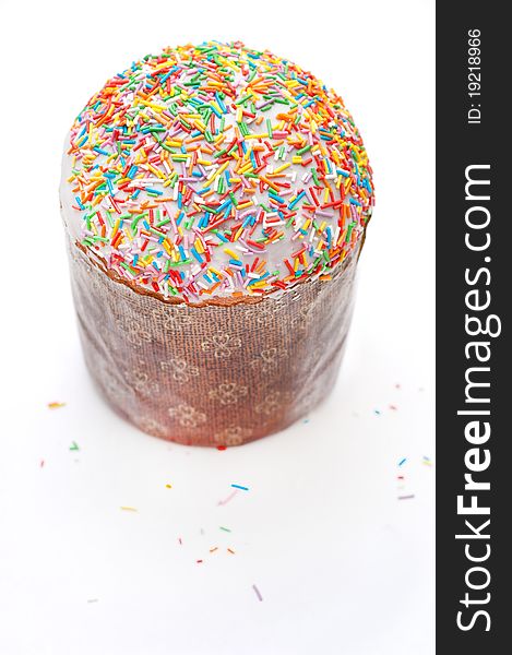 Orthodox easter - kulich ( glazed cake ) isolated on white