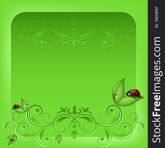 Illustration, red ladybird on green sheet on green background