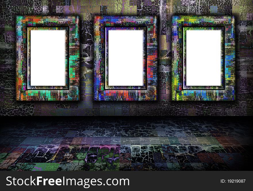 A dark colorful, grunge textured wall and floor background with frames on the wall. A dark colorful, grunge textured wall and floor background with frames on the wall