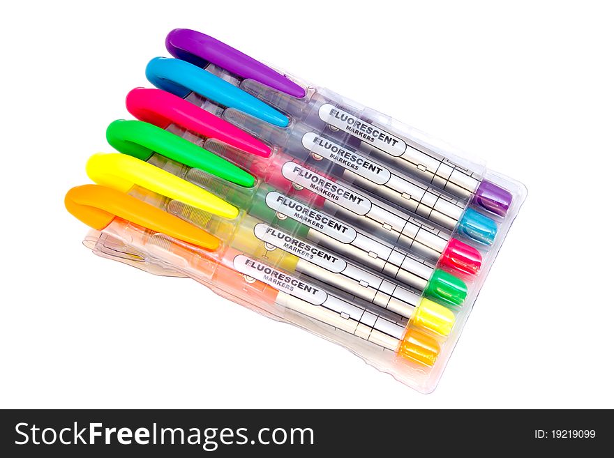 Six new markers in the package on white background. Six new markers in the package on white background