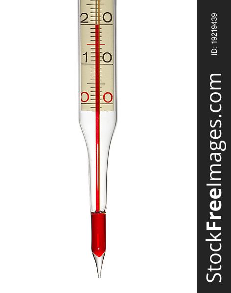 One glass thermometer on white background