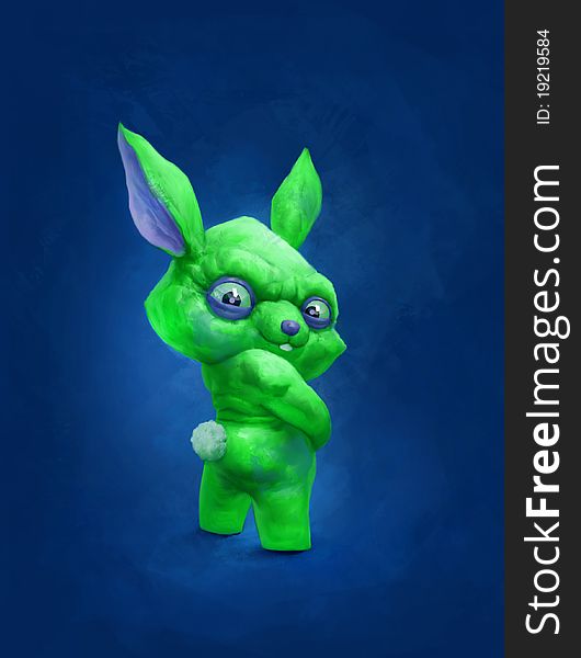 A green rabbit is on the blue blue background.