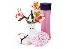 Shampoo, Soap,sponge And Orchids Stock Photo Shampoo, Soap,sponge And Orchids Stock Photo