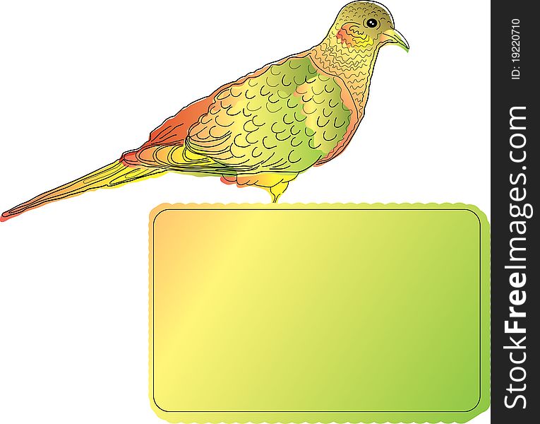 Bright green bird with blank banner for text. Bright green bird with blank banner for text