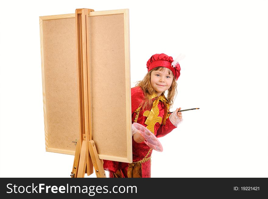 Girl in a red historical suit with a brush near an easel on a white. Girl in a red historical suit with a brush near an easel on a white