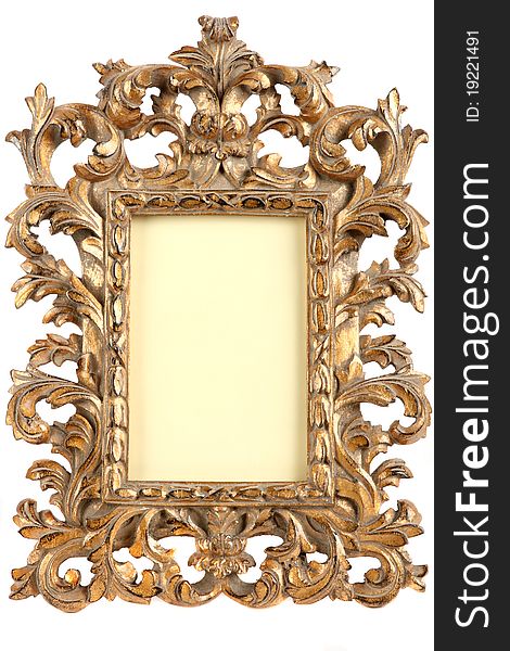 The carved wooden frame painted with a gold paint, isolated on a white background.