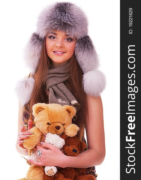 Beautiful longhair girl is holding the teddy bears. Beautiful longhair girl is holding the teddy bears