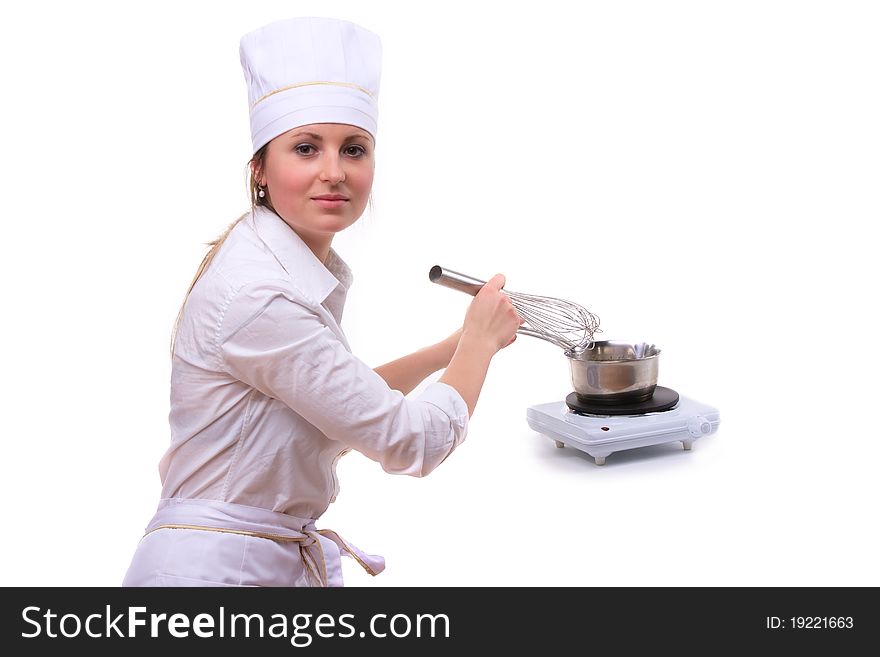 Beautiful young woman cooking isolated white background. Beautiful young woman cooking isolated white background