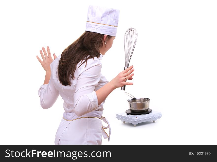 Beautiful young woman cooking isolated white background. Beautiful young woman cooking isolated white background